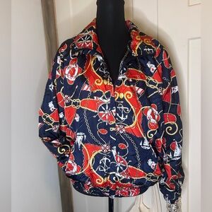 Vintage 80s/90s Nautical Print Jacket Red Blue Gold Zip Front Old Money Mob Wife